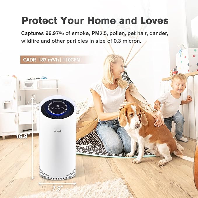 Air Purifiers for Home Large Room Up to 1375 ft², 4-in-1 True HEPA Air Purifier for Pets Hair Dander Pollen Smoke Cooking Pet Smell. CADR 187 m³/h, Air Cleaner for Bedroom Nursery Living Room