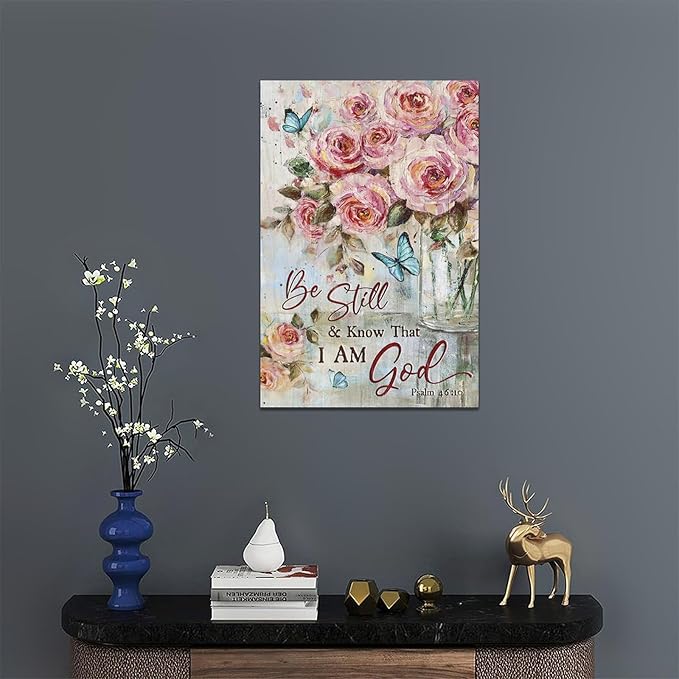 Farmhouse Rose Wall Art Christian Scripture Pictures Pink Rose Wall Decor Rustic Floral Butterfly Canvas Print Painting Artwork for Bathroom Living Room Bedroom 16"x24"