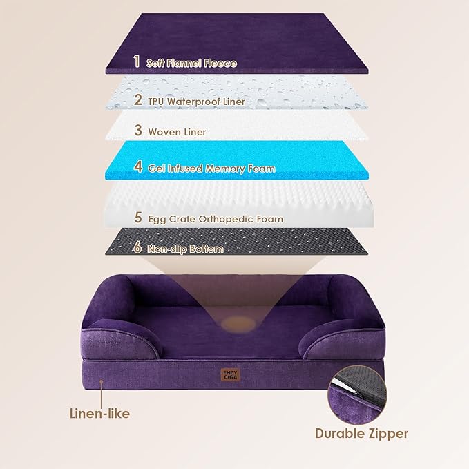 EHEYCIGA Orthopedic Dog Beds for Extra Large Dogs, Waterproof Memory Foam XXL Dog Bed with Sides, Non-Slip Bottom and Egg-Crate Foam Big Pet Couch Bed with Washable Removable Cover, Purple