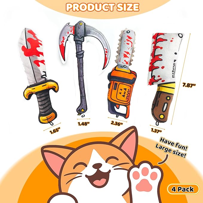 Cat Toys [8000mg Premium Catnip] Cartoon Colorful Style Horror Funny Knife Catnip Cat Toys Durable Rattle Sound Toy for All Cat Breeds Indoor Interactive Kitten Toys Get Bored Cats Active 4 PCS