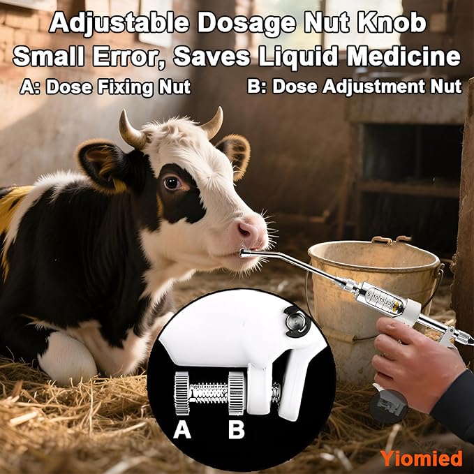10ML Veterinary Metal Feeding Gun, Continuous Drench Gun Dosing Device Veterinary Adjustable Medicine Dispenser Husbandry Autonomous Feeding Tool, for Pig Cow, Sheep, Horse (White Color, 10ML+Kettle)