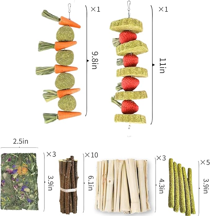 31 Pcs Small Pet Chew Toys for Dental Health - Natural Apple Wood, Timothy Grass Sticks & Sweet Bamboo, Teeth Grinding Toys for Rabbits, Guinea Pigs, Hamsters, Chinchillas Cage Accessories