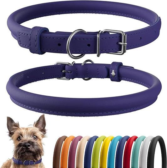 CollarDirect Rolled Leather Dog Collar, Soft Padded Round Puppy Collar, Handmade Genuine Leather Collar Dog Small Large Cat Collars 13 Colors (6-7 Inch, Purple Smooth)