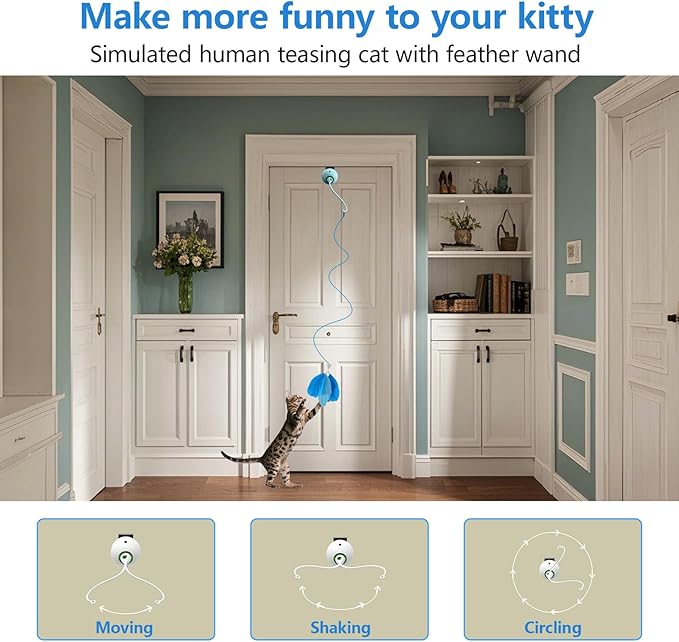 Cat Toys Interactive for Indoor, Cats Toy Hanging Door Electric for Bored,Feathers Toy Kitten Rechargeable Door Hanging Automatic String with 4pcs Feathers Toys(Blue)