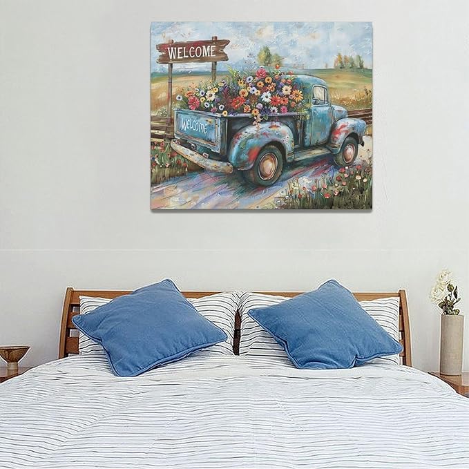 Farmhouse Truck Wall Art Rustic Country Wildflowers Wall Decor Road Flowers Landscape Pictures Canvas Print Painting Artwork for Bathroom Living Room Bedroom 20"x24"