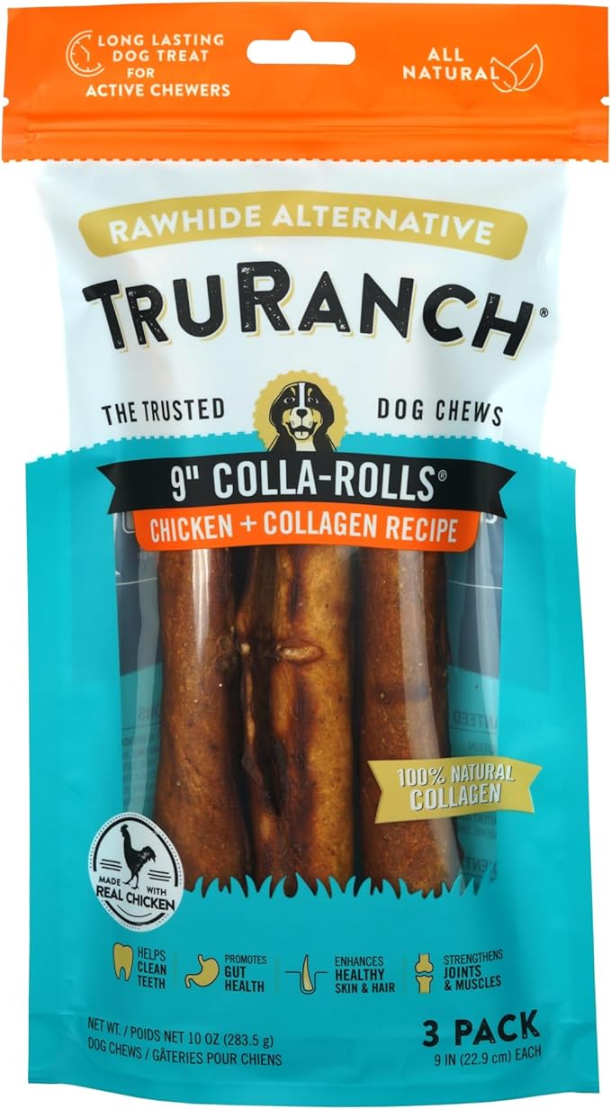 Collagen Rolls - 9" Collagen Rolls for Dogs - Long Lasting Healthy Joint Support Dog Treat - Rawhide Alternative - Skin & Coat Health - Made with Real Chicken, 1 Bag, 3 Count