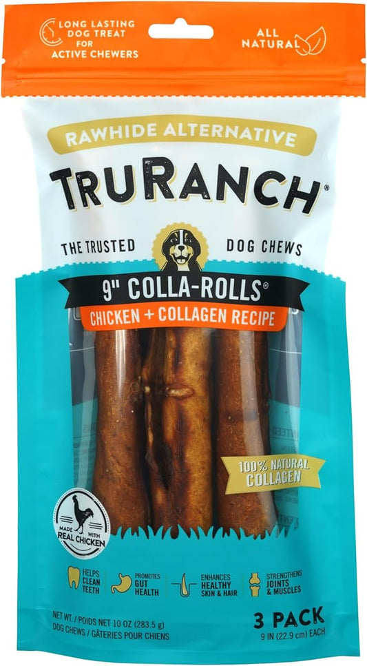 Collagen Rolls - 9" Collagen Rolls for Dogs - Long Lasting Healthy Joint Support Dog Treat - Rawhide Alternative - Skin & Coat Health - Made with Real Chicken, 1 Bag, 3 Count