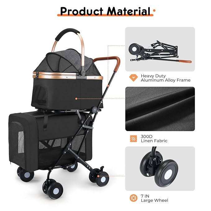 Double Pet Stroller for Small Medium Dogs - 4 In1 Dog Stroller for 2 Pets, Detachable and Foldable with 360°Rotating Wheels, Easy Assembly and Compact Size