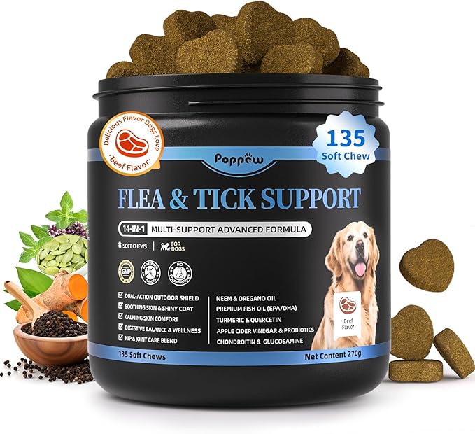 Dog Flea and Tick Support Chewable, Natural Dog Flea Comfort Supplement, Oral Chews with Neem, Oregano Oil, Pumpkin Seed Oil & Brewer's Yeast – 135 Soft Chews, Beef Flavor – for All Breeds & Sizes