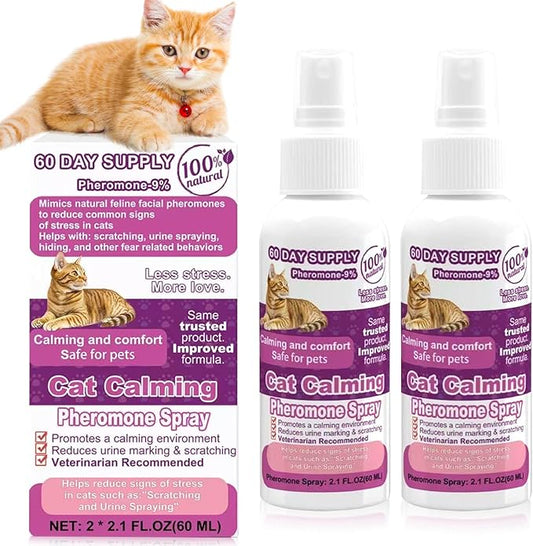 Cat Calming Pheromone Spray, Feline Calm Pheromones Spray- Anti Anxiety Pet Products, Cats Reduces Scratching Furniture Peeing Marking Calming Cat for Travel, Vet Visits - 60 Day Kit (2 * 60 mL)