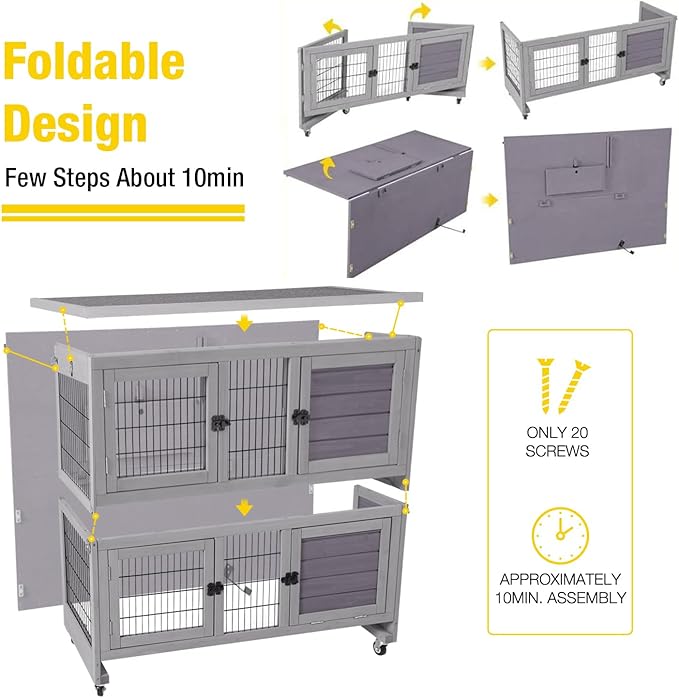 Aivituvin Rabbit Hutch Indoor, Folding Bunny Cage with Two Story, Rabbit Cage with Wheels, Anti Slip Ramp