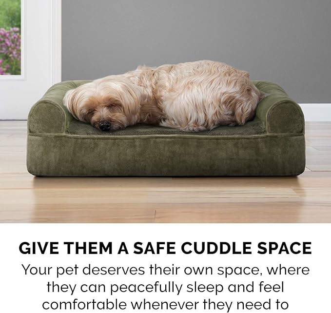 Furhaven Cooling Gel Dog Bed for Large Dogs w/ Removable Bolsters & Washable Cover, For Dogs Up to 125 lbs - Faux Fur & Velvet Sofa - Dark Sage, Jumbo Plus/XXL