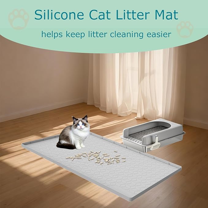 Cat Litter Mat for Litter Box, Silicone Large Cat Litter Trapping Mat - 28x22 in, Waterproof & Non-Slip, Durable & Easy Clean, Light Gray
