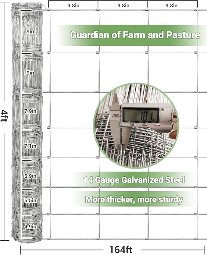 Cattle Farm Fence, 4ft x 164ft Galvanized Wire Fencing for Goat Deer Yard Livestock Animals Protection