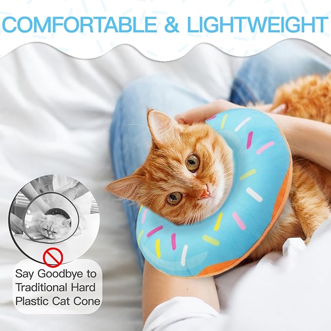 Cat Cone Collar Soft, Cute Cat Donut Collar After Surgery, Adjustable Kitten Recovery Cones to Stop Licking, Lightweight Neck Elizabethan Collars for Cats Kittens (Blue, Small)