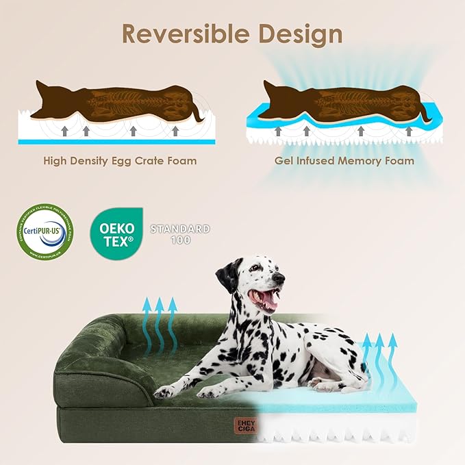 EHEYCIGA Orthopedic Dog Beds for Large Dogs, Waterproof Memory Foam Large Dog Bed with Sides, Non-Slip Bottom and Egg-Crate Foam Pet Couch Bed with Washable Removable Cover, Dark Green