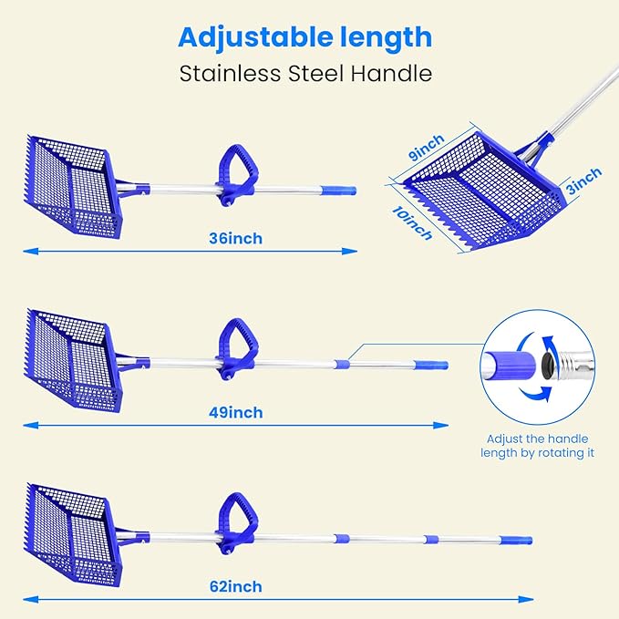Chicken Poop Scooper Rake 2-in-1, Metal Shovel Head Chicken Coop Accessories, Adjustable 304 Stainless Steel Handle, Litter Scooper Sand Sifting for Chicken Coops Small Farm Animals(36" to 62")