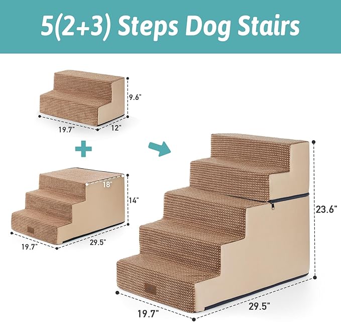 Dog Stairs for Small Dogs, 5 Tier Removable Wider Pet Stairs for Couch and Bed, 23.6" H Non-Slip Dog Steps for Puppies and Old Cats with Support Board, 29.5x19.7x23.6 inch, Light Brown