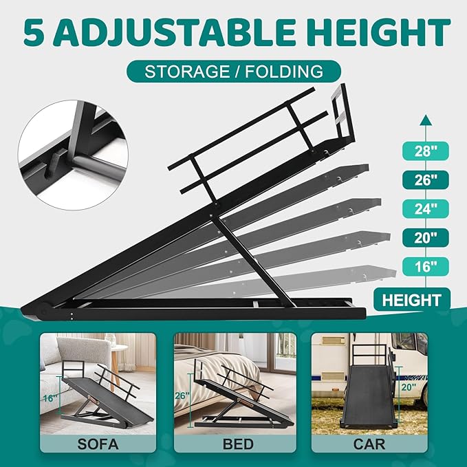 Dog Ramp for Bed, Adjustable Pet Ramps for Dog to Get on Bed, Non-Slip Rubber Surface - Folding Wooden Dog Ramp for Small/Large/Old Dogs, Adjustable up to 27.5 inch High Beds, Safety Railings