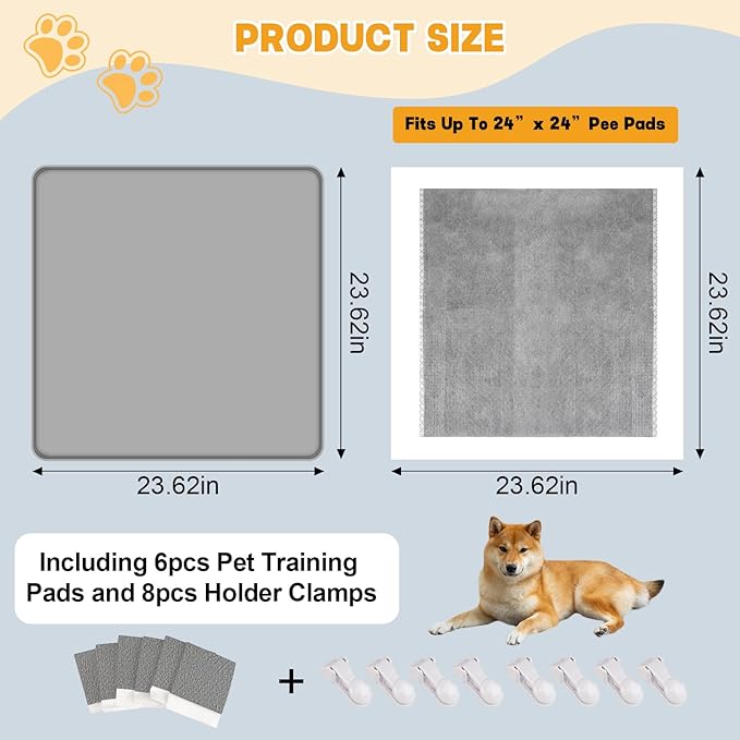 Dog Pee Pad Holder, Puppy Pad Holder Tray for 24'' x 24'' Training Pads, 15pcs Dog Potty Tray Set Include High Edge Silicone Mat & 6 Activated Charcoal Disposable Puppy Pads & 8 Holder Clamps