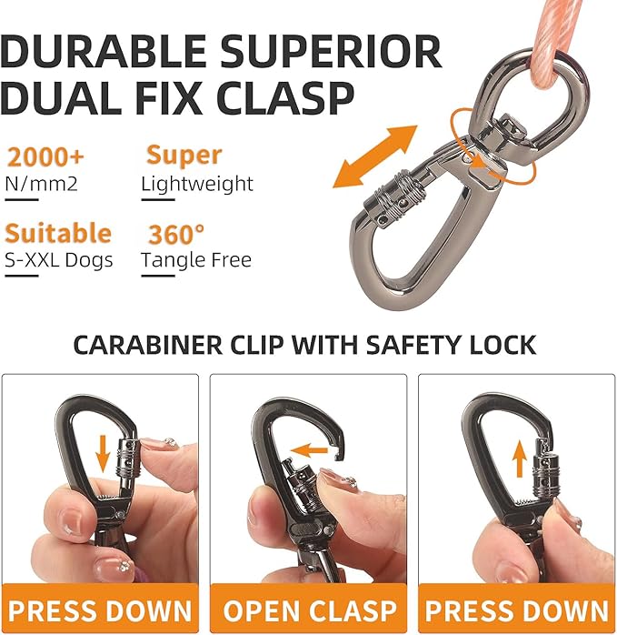 Dog tie Out Cable, 10/20/25/30/50/70/100 feet, Suitable for Dogs up to 350 pounds, Dog Cable with Swivel Buckle, Lightweight, Non-Winding, for Outdoor Camping, Yard Dog Cable (Orange, 100FT)