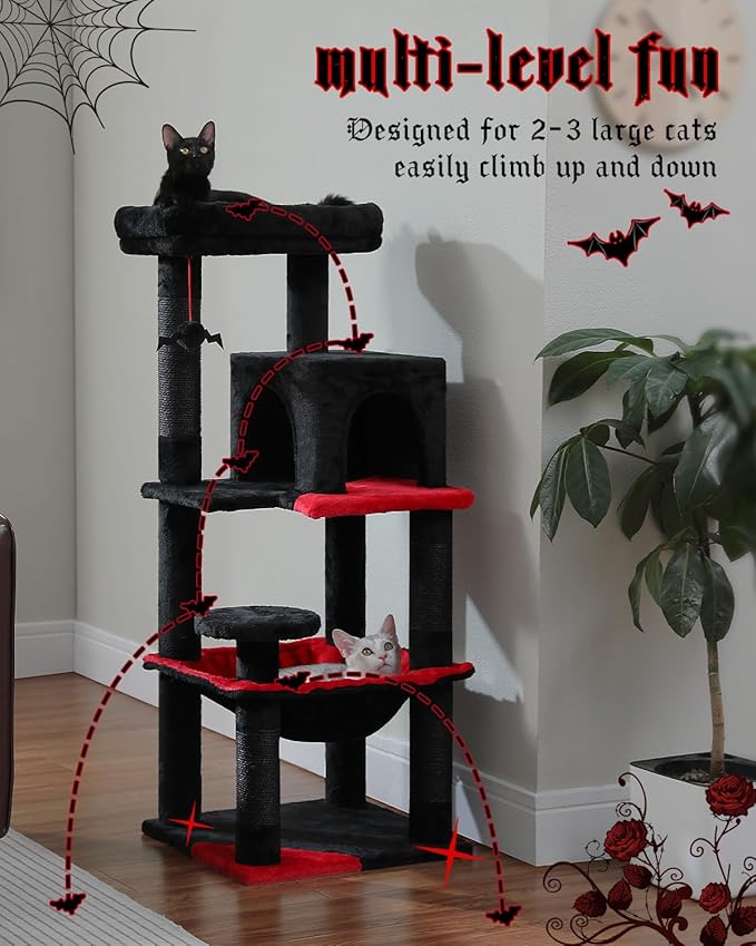 Gothic Cat Tree with Super Large Hammock, 45.7" Black Cat Tower with Coffin Bed, Cat Condo, Sisal Scratching Posts & Top Perch, Multi-Level Goth Cat Tree, Halloween, Black