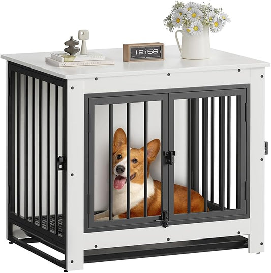 Dog Crate Furniture, Dog Crate End Table for Small and Medium Dogs,Wooden Cage Kennel Furniture Indoor, Modern Dog Crate with Multi-Purpose Removable Tray, Double-Doors Dog Furniture, White