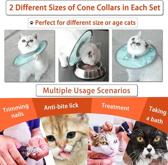 Cat Cone Collar 2pcs Adjustable Protective Collar for Pet Cat Recovery Collar Wound Healing (B-Blue Flower, M+L)