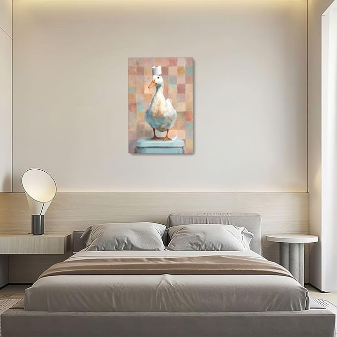 Funny Duck Bathroom Wall Art Cute Duck on Toilet Canvas Wall Decor Funny Quirky Farm Animal Pictures Painting Print Framed Artwork Decorations Gifts for Bathroom 16"x24"