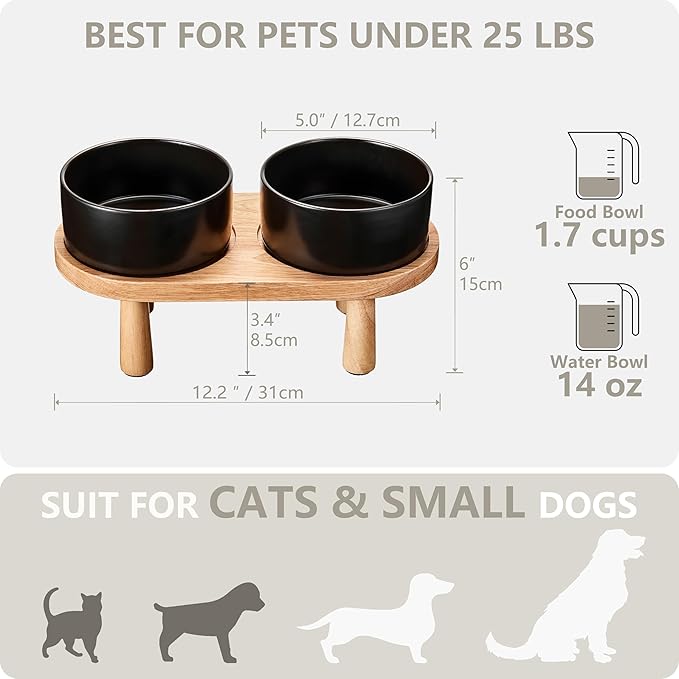 Ceramic Elevated Dog Bowls, Pet Food and Water Bowl Set for Small Dogs and Cats, 1.7 Cups Elevated Cat Bowls with Wood Stand, 14OZ, Black