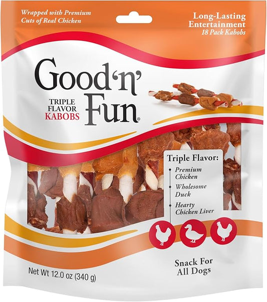 Good ‘n’ Fun Triple Flavor Kabobs Chews for All Dogs, 18 Count, Treat Your Dog to Chews Made from Beef Hide, Real Chicken, Pork Hide, Duck and Chicken Liver