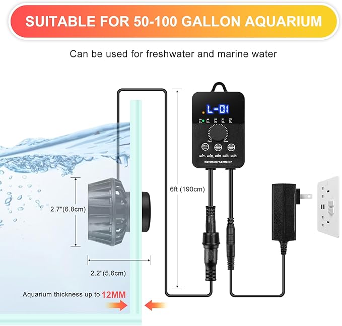 2100GPH Aquarium Wave Maker with Controller Mini DC 24V 12W Powerhead with Magnetic Mounting, Wavemaker with LED Display for 50 to 100 Gallon Tank
