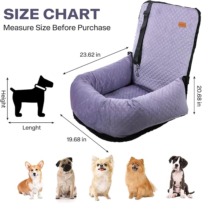 Dog Car Seat for Small Medium Dogs Up to 40lbs, Detachable Washable Soft Pet Booster Travel Bed for Front & Purple Seat with Safety Leash Belt