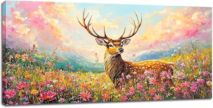 Deer Large Wall Art Wildflower Landscape Pictures Rustic Flowers Wall Decor Wild Animal Nature Canvas Print Painting Artwork for Bathroom Living Room Bedroom 30"x60"