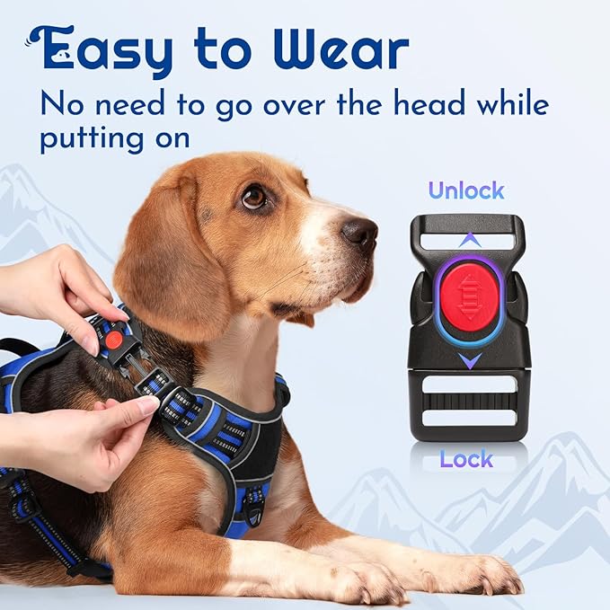 Eagloo Dog Harness Medium Sized, Easy Wearing with 3 Buckles, Adjustable No Pull Pet Harness with 2 Rings for Walking, No Chock Reflective Soft Padded Vest with Control Handle, Blue & Black, M