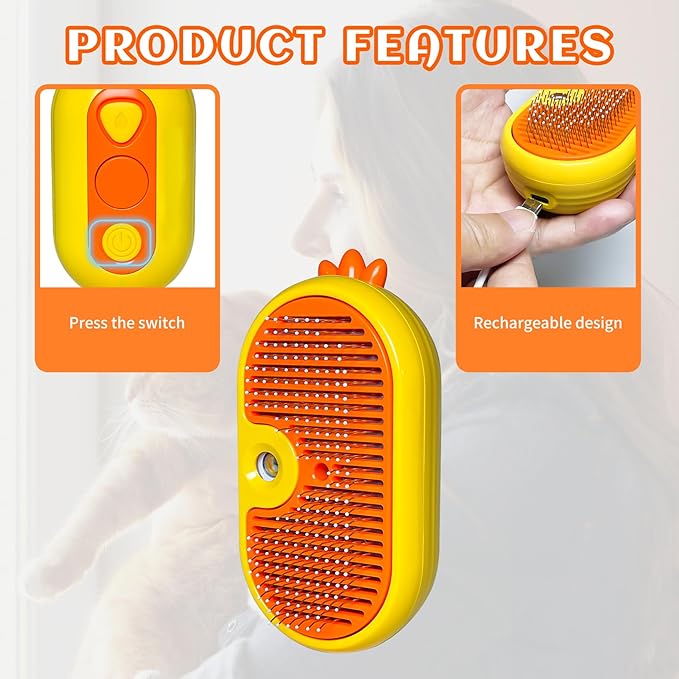 3-in-1 Rechargeable Steam Brush for Cats & Dogs - Anti-Static Spray Pet Grooming Brush with Warm Mist Massage, Hair Shedding Control, Detangling Comb & Cleaning Tool for Effective Deshedding
