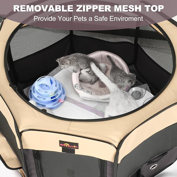 Aivituvin Dog Playpen, Foldable Pet Play Pens with Carrying Bag for Cat, Puppies, Rabbits, Portable Dog Tent Crates Cage for Travel Camping Indoor Outdoor, Removable Shade Cover, Brown S