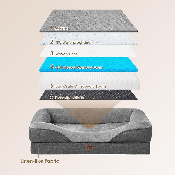 EHEYCIGA Memory Foam XXL Dog Bed for XLarge Sized, Extra Large Orthopedic Dog Sofa with Sides and Waterproof Liner, Washable Bolster Pet Couch with Removable Cover, 52x41x8 Inch, Grey