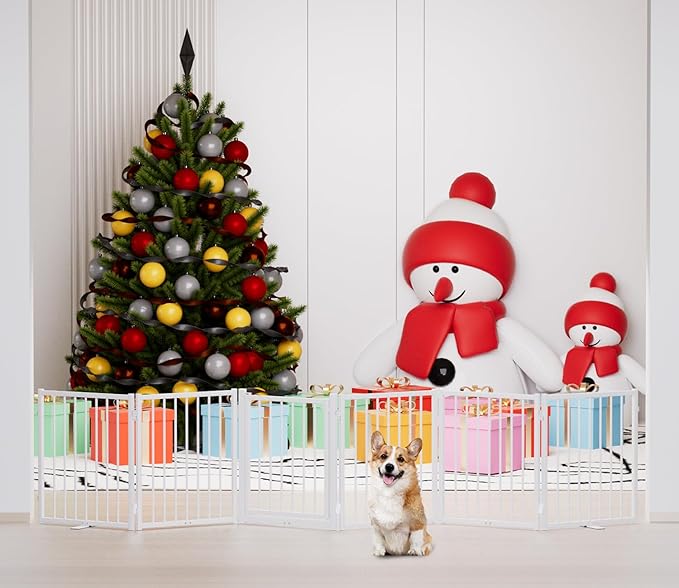 Full Metal Freestanding Dog Gate with Door, 24'' Height Foldable Pet Dog Fence for Indoor & Outdoor, 6 Panels Extra Wide Free Standing SmallDog Gates for Doorways,House,Stairs,Porch,Deck,Yard