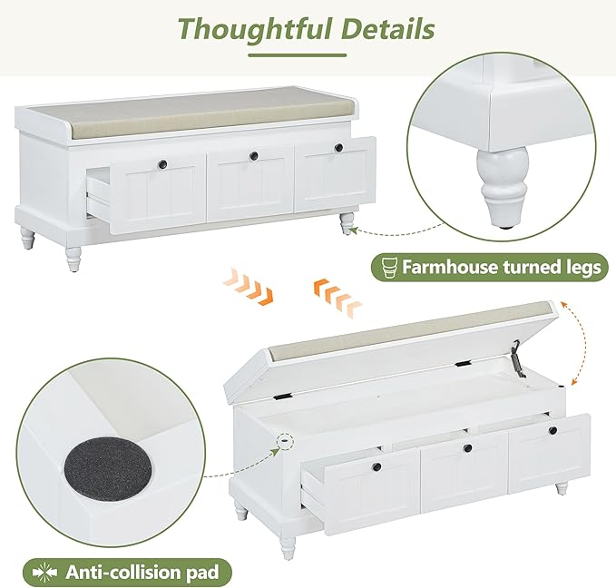 Classic Shoe Storage Bench with Cushion and Three Drawers, Fluted Entryway Bench with Storage for Entryway, Living Room, Hallways 44.0" L x 15.9" W x 18.9" H White