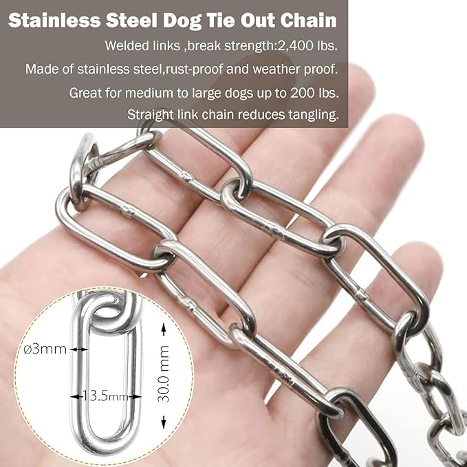 25ft Dog Chains for Outside - Heavy Duty Tie Out Chain Leash Great for Small to Large Dogs Up to 200Lbs - Chew Proof Long Chain for Yard Camping or Travel