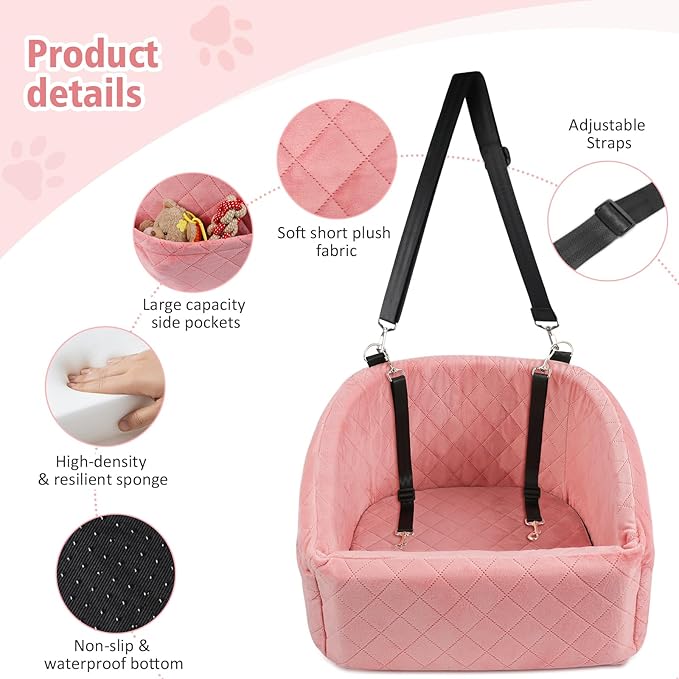 Dog Car Seat for Small Medium Dogs,Detachable Washable Dog Booster Seat Under 30lbs, Pet Car Seats Travel Bed with Storage Pockets and Safety Belt(Pink)