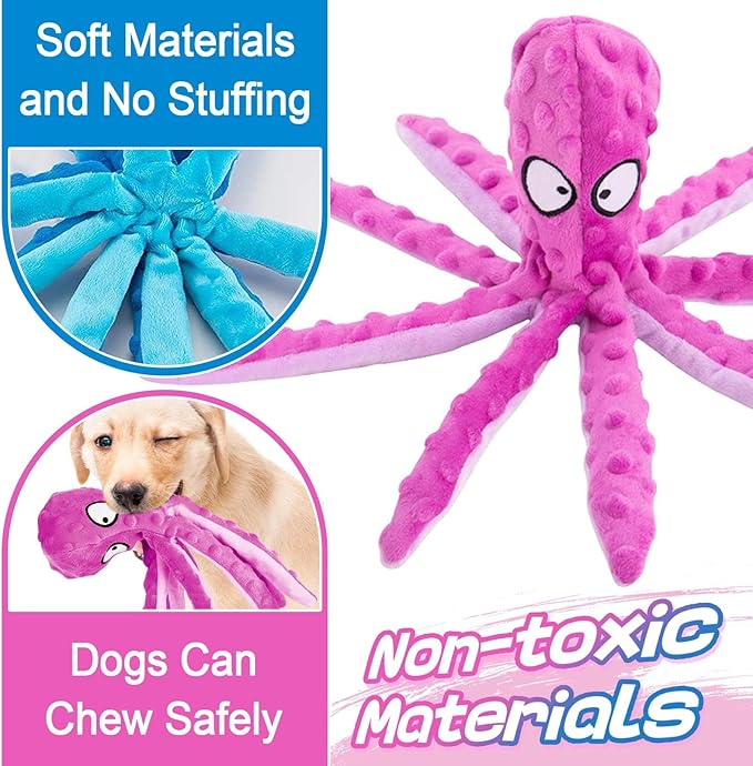 Alphatool Squeaky Dog Toys - 2pcs Soft Plush Chew Crinkle Puppy Toys to Keep Them Busy, Octopus No Stuffing Interactive Essentials for Teething Small Medium Pets Dogs Gifts