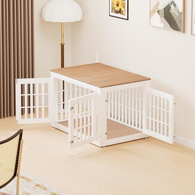 42" Heavy Duty Dog Crate Furniture for Small,Medium and Large Dogs,Rustic Wooden Dog Cage Kennel Indoor Furniture with Waterproof Top,Decorative Pet House Side End Table (White & Wood)