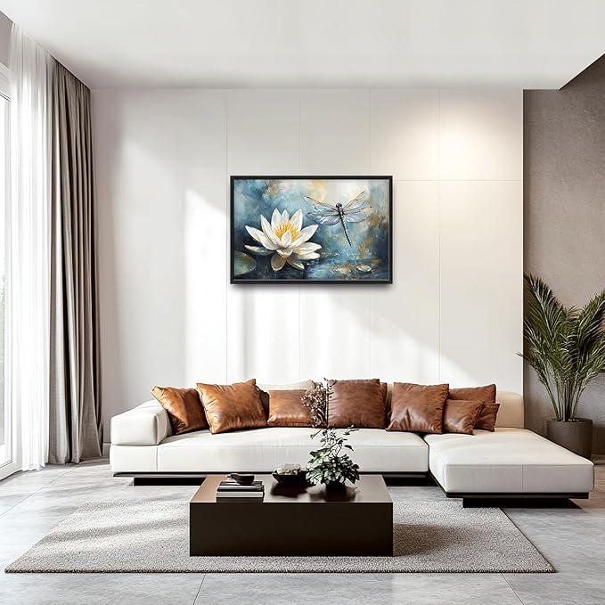 Extra Large Lotus Dragonfly Framed Wall Art for Living Room,Abstract Blue Lotus Flower Lake Pictures Wall Decor,Nature Canvas Print Painting Modern Artwork Bedroom Office Bathroom 36L" x 24W"