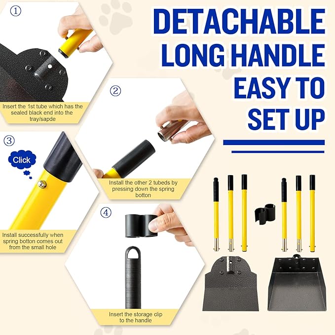 Dog Pooper Scooper,Tray and Spade Set Poop Scooper for Dogs, Adjustable Long Handle Metal Pooper Scooper with Bin for Pet Waste Removal, No Bending Clean Up for Medium and Large Dogs