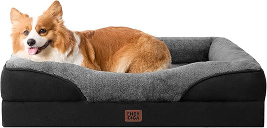 EHEYCIGA Memory Foam Dog Bed for Medium Size, Orthopedic Dog Sofa with Sides and Waterproof Liner, Washable Bolster Pet Couch with Removable Cover, 35x22x6.5 Inch, Grey/Black