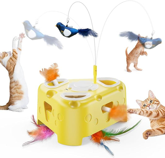 3-in-1 Interactive Cat Toy for Indoor Cats,Automatic Kitten Toys,Flying Bird,6 Holes Mole,Rotating Feather, USB Rechargeable Electronic Interactive Feather Toy for Bored Adult & Kitten Cats