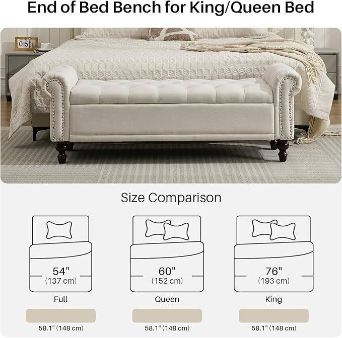 58.1'' Storage Bench Upholstered Linen End of Bedroom Bed Bench Ottoman with Tufted Cushioned Rolled Arm Large Storage Space for Reading Living Room Entryway, Beige