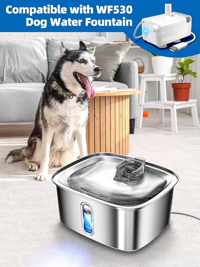 Dog Water Fountain for Large Dogs, 9L/2.4Gal Stainless Steel Dog Fountain with Water Level Window & Filtration, Automatic Pet Water Bowl Dispenser Indoor, for All Dogs and Multi-Pet (Pump)